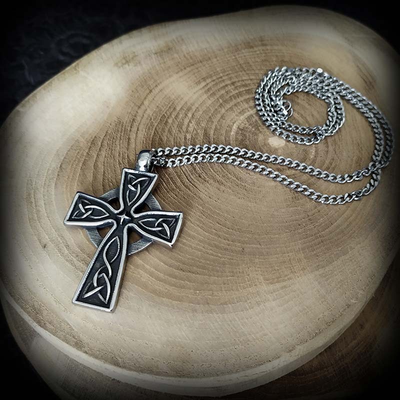 Collier Pendentif Grande Croix Celtique En Acier Entrelacs Celtiques